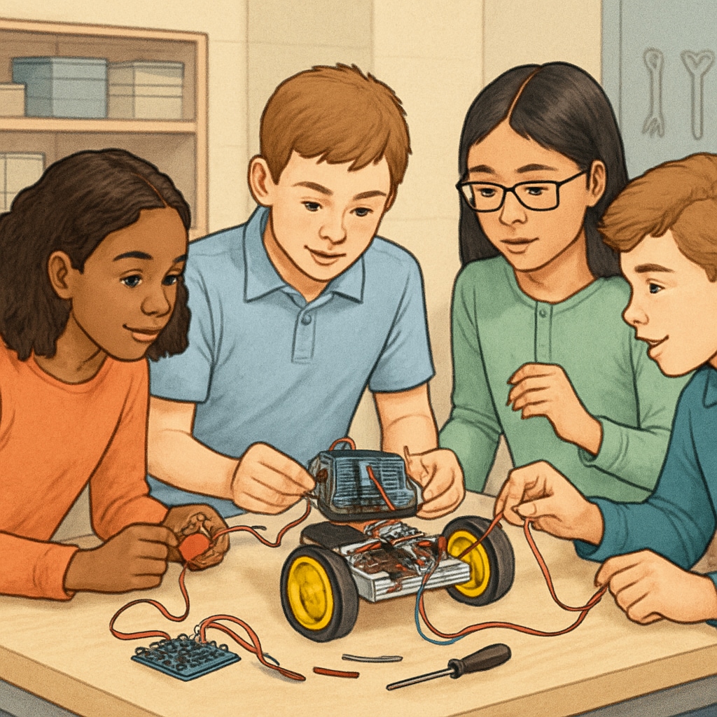 Beginner robotics course students working on project