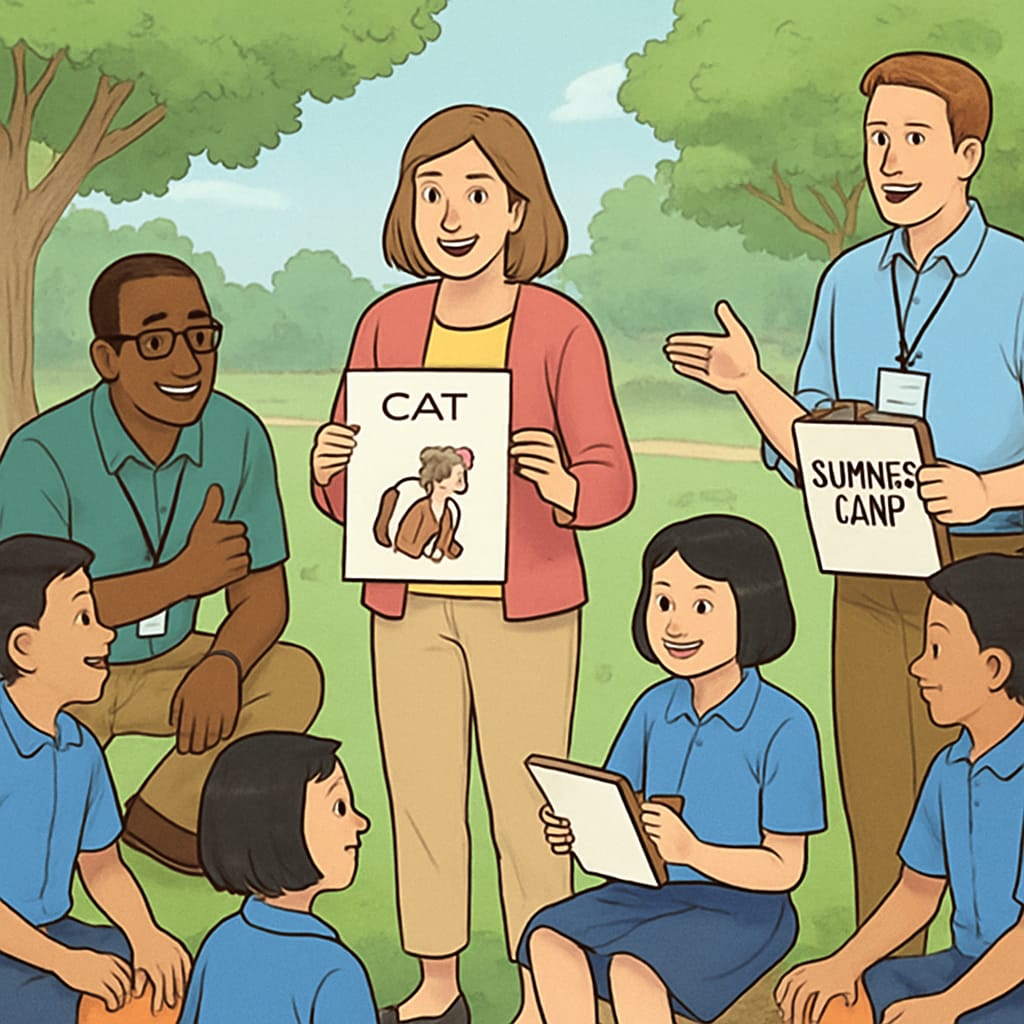 Diverse group of educators and Thai students participating in an outdoor English language activity at a summer camp Thailand English teaching summer camp outdoor lesson