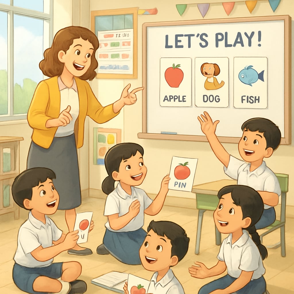 Enthusiastic teacher leading an interactive English learning game with Thai elementary students in a bright classroom English summer camp classroom activity in Thailand