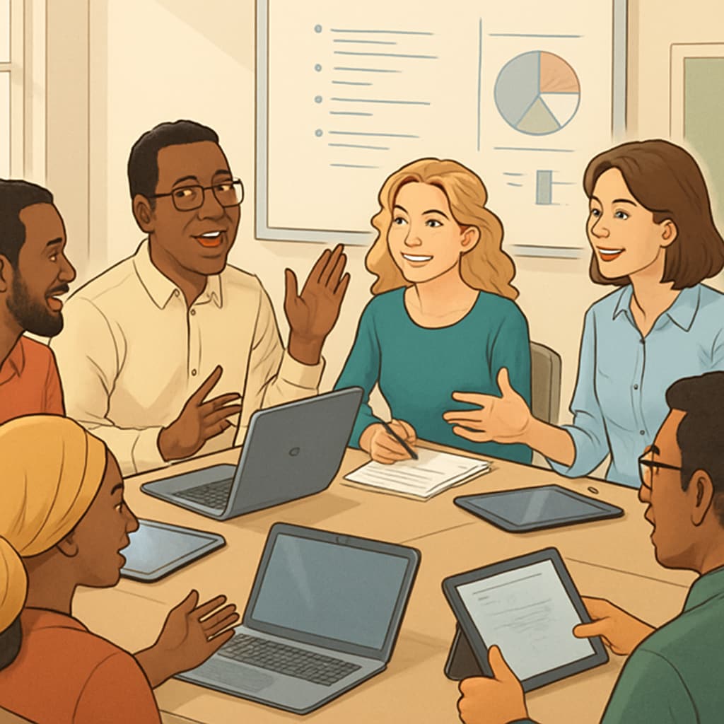 Diverse group of adult students engaged in classroom discussion with modern learning tools Adult learners in formal education setting discussing schooling and self-learning abilities