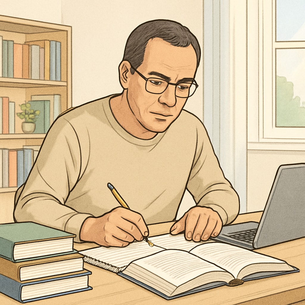 Mature student studying at home with laptop and educational materials Self-directed adult learner balancing age considerations with education choices