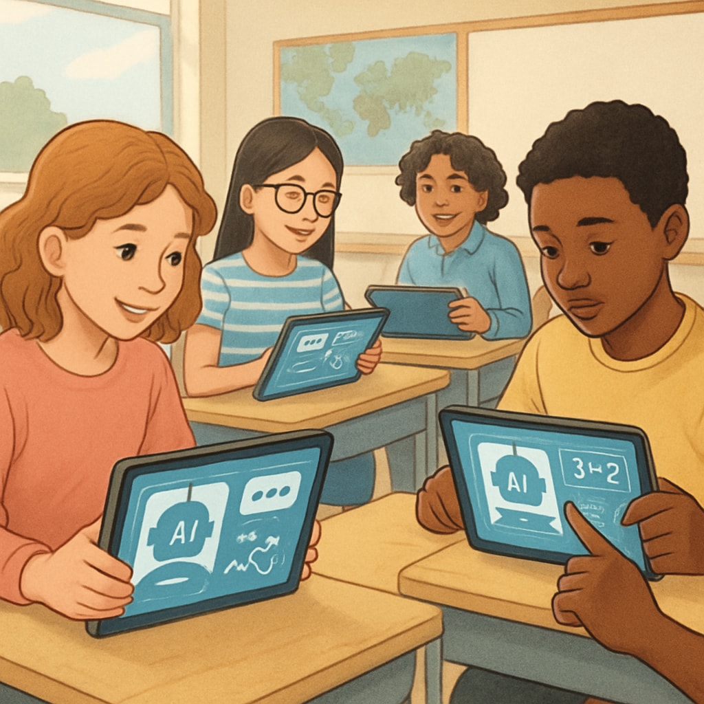Diverse group of middle school students using tablets with AI educational software, showing interactive learning interface K12 students engaged with responsible AI development tools
