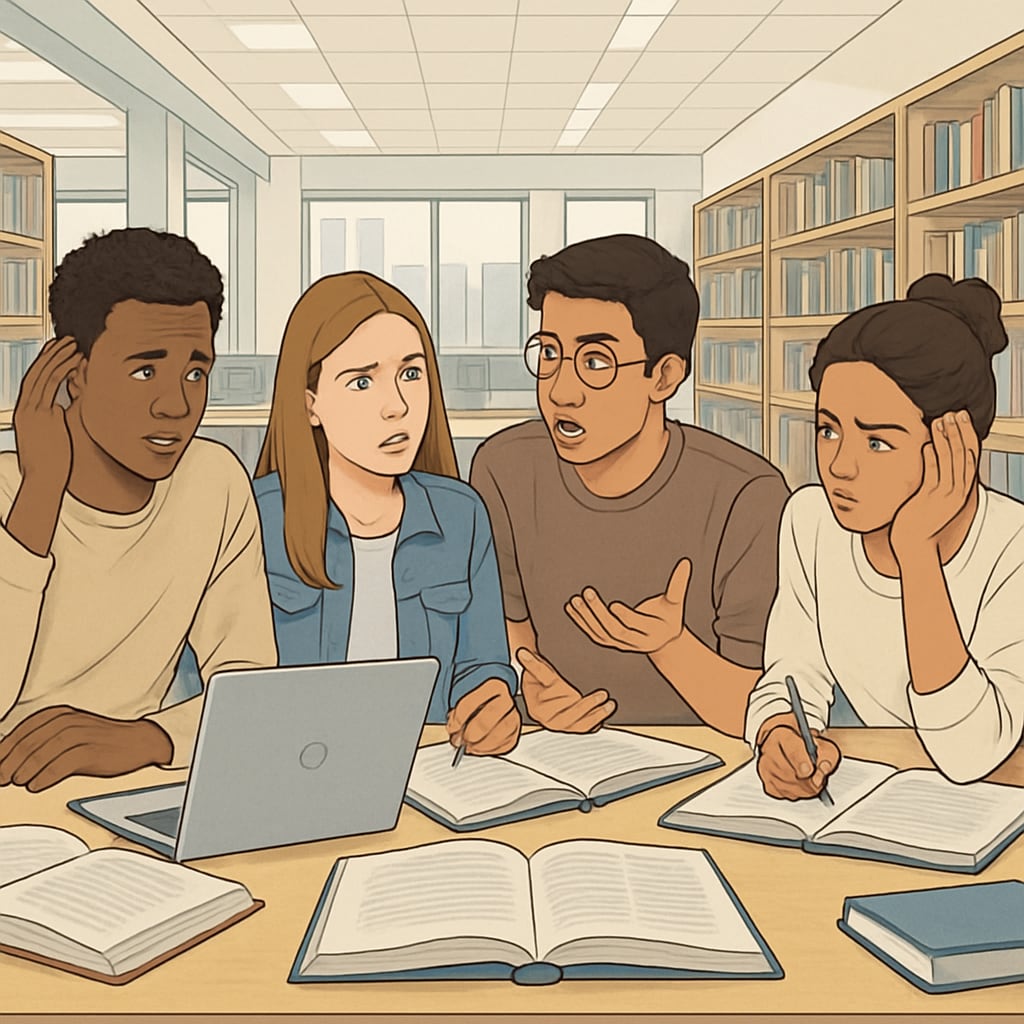 Diverse college students looking confused while studying together in a modern university library, surrounded by books and laptops College students struggling with learning motivation in academic setting