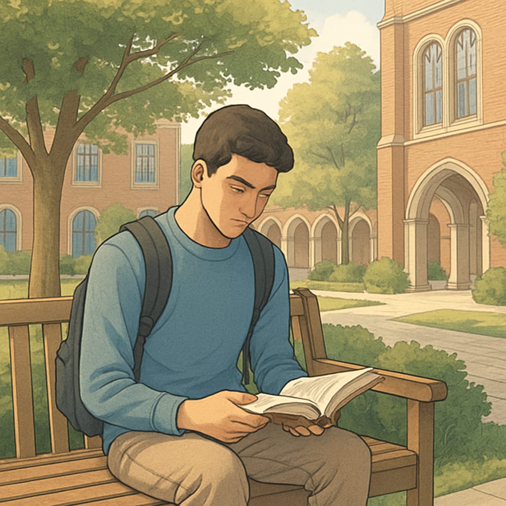 A young college student having an inspiring moment while reading a book in a beautiful campus courtyard with sunlight filtering through trees Student rediscovering academic passion in college life