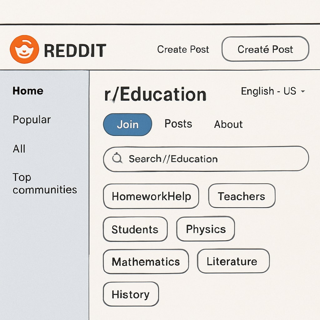 A screenshot of Reddit's education community interface showing various subreddit categories and navigation options Reddit education community interface showing subreddit navigation