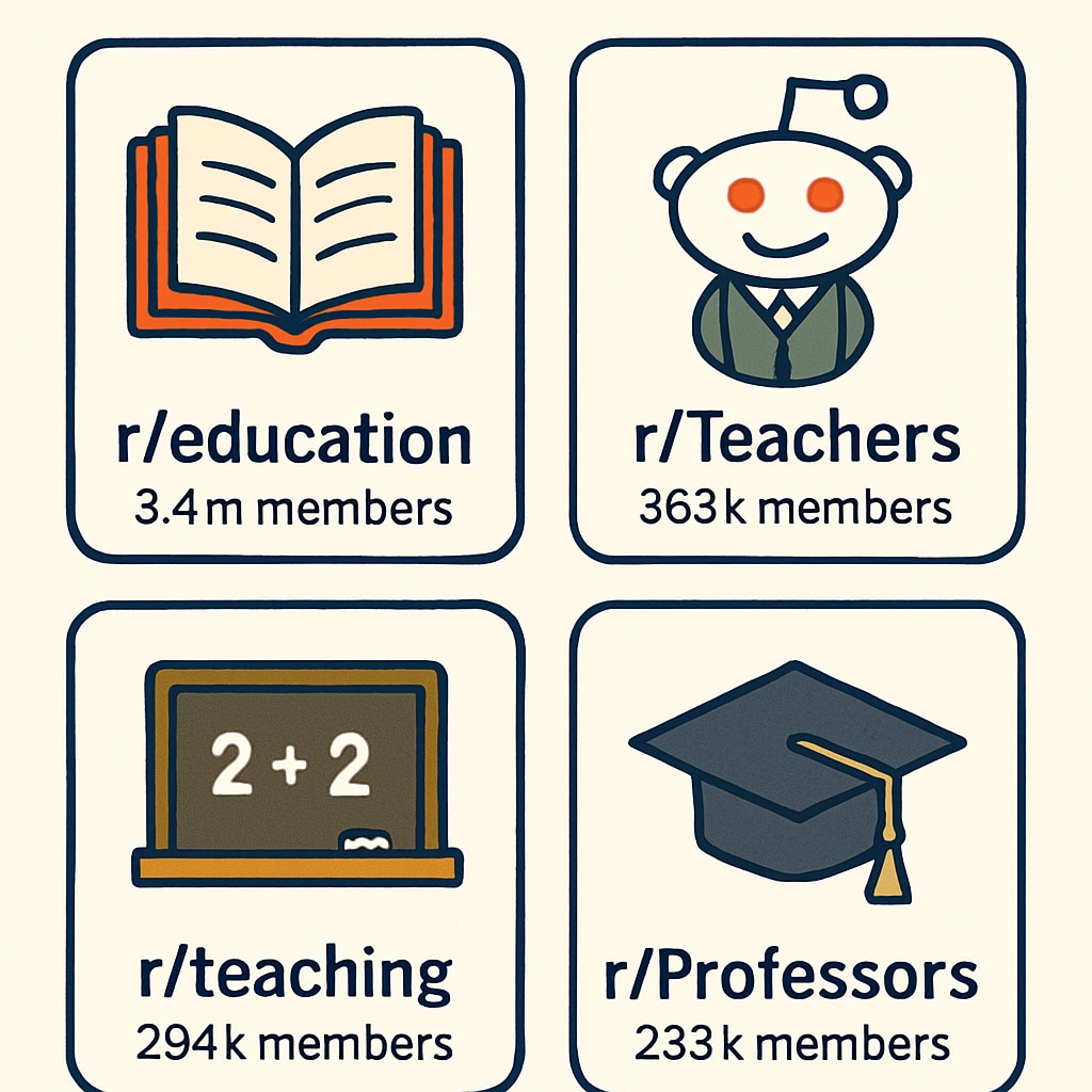 A collage of popular education-related subreddit icons with their member counts displayed Popular education subreddits on Reddit