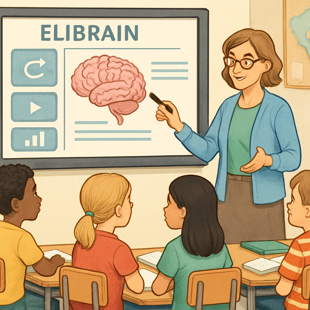 Middle-aged female teacher demonstrating ELIBRAIN software on interactive whiteboard to diverse group of elementary students ELIBRAIN education tool in classroom implementation