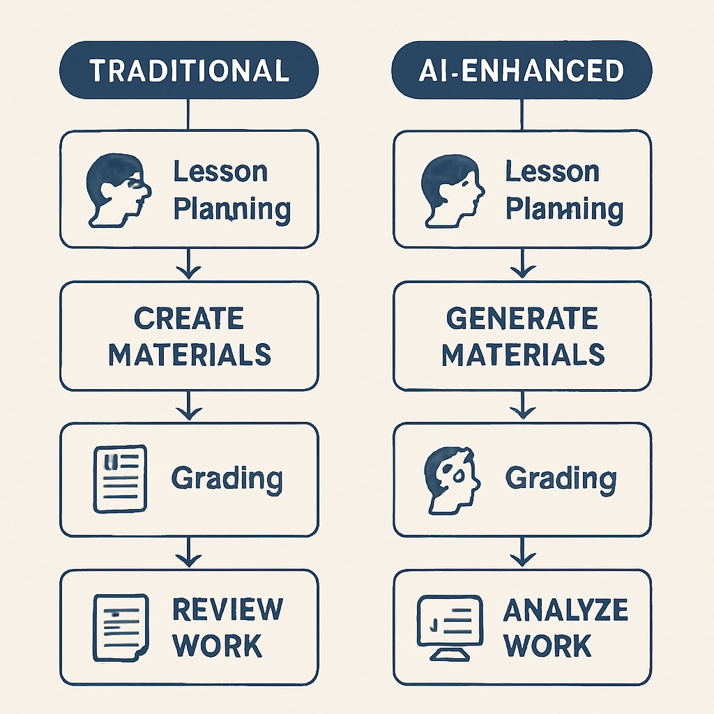 Workflow comparison showing AI education tools impact on teacher efficiency