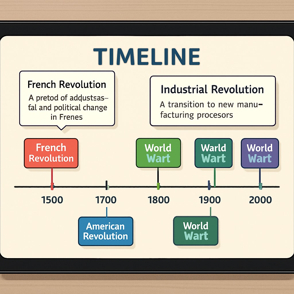 A digital tablet showing an interactive timeline with color-coded historical events and pop-up information windows Education tool visual aid for student assignments showing historical timeline