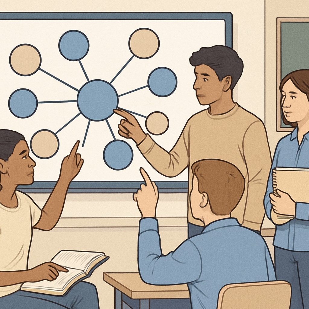 Diverse group of students pointing at a large digital screen displaying interconnected concept nodes Visual learning tools for student collaboration in classroom