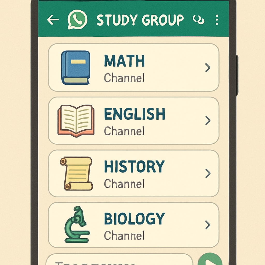 Organized WhatsApp study group interface with labeled subject channels Effective WhatsApp learning groups for structured education