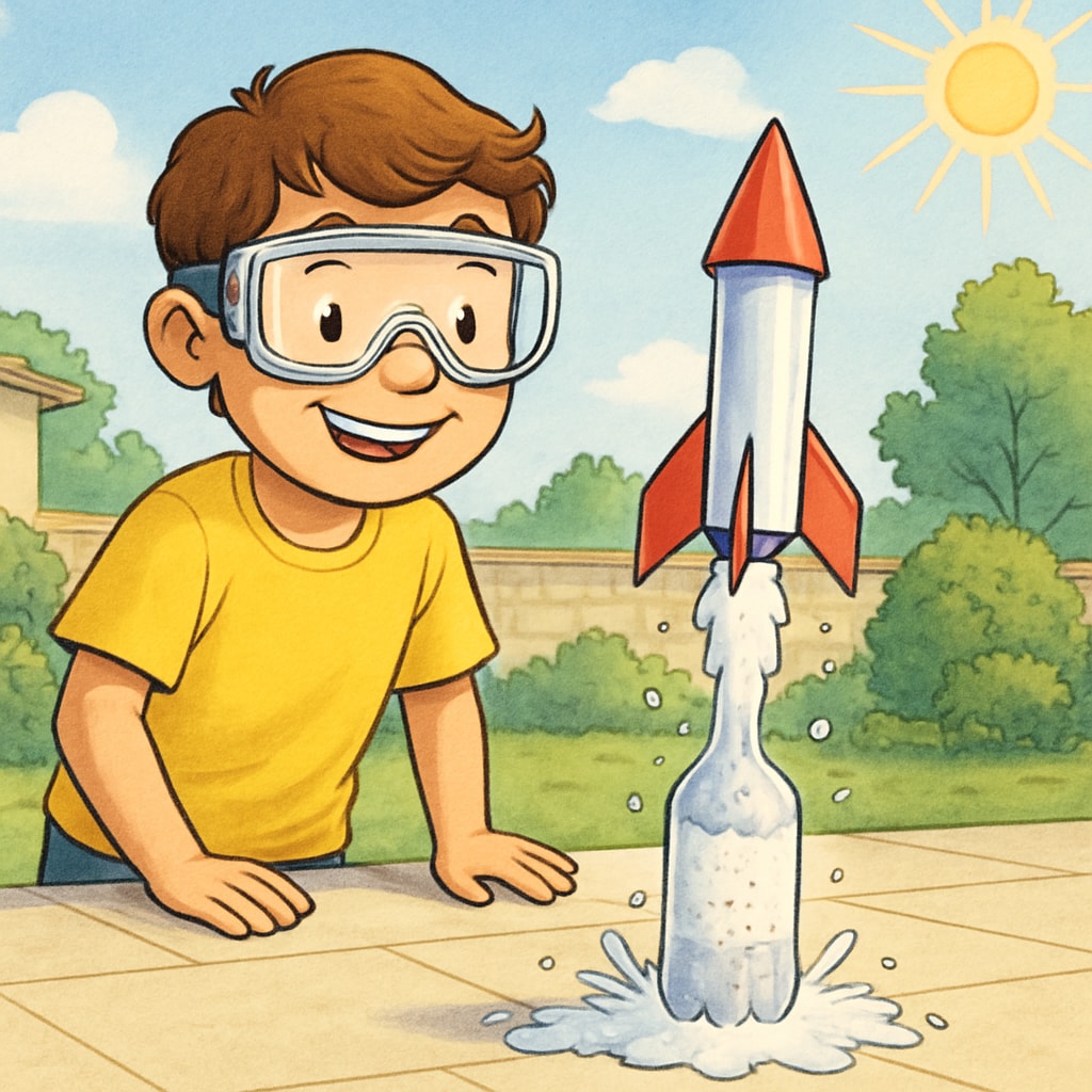 Child conducting baking soda rocket home science experiment