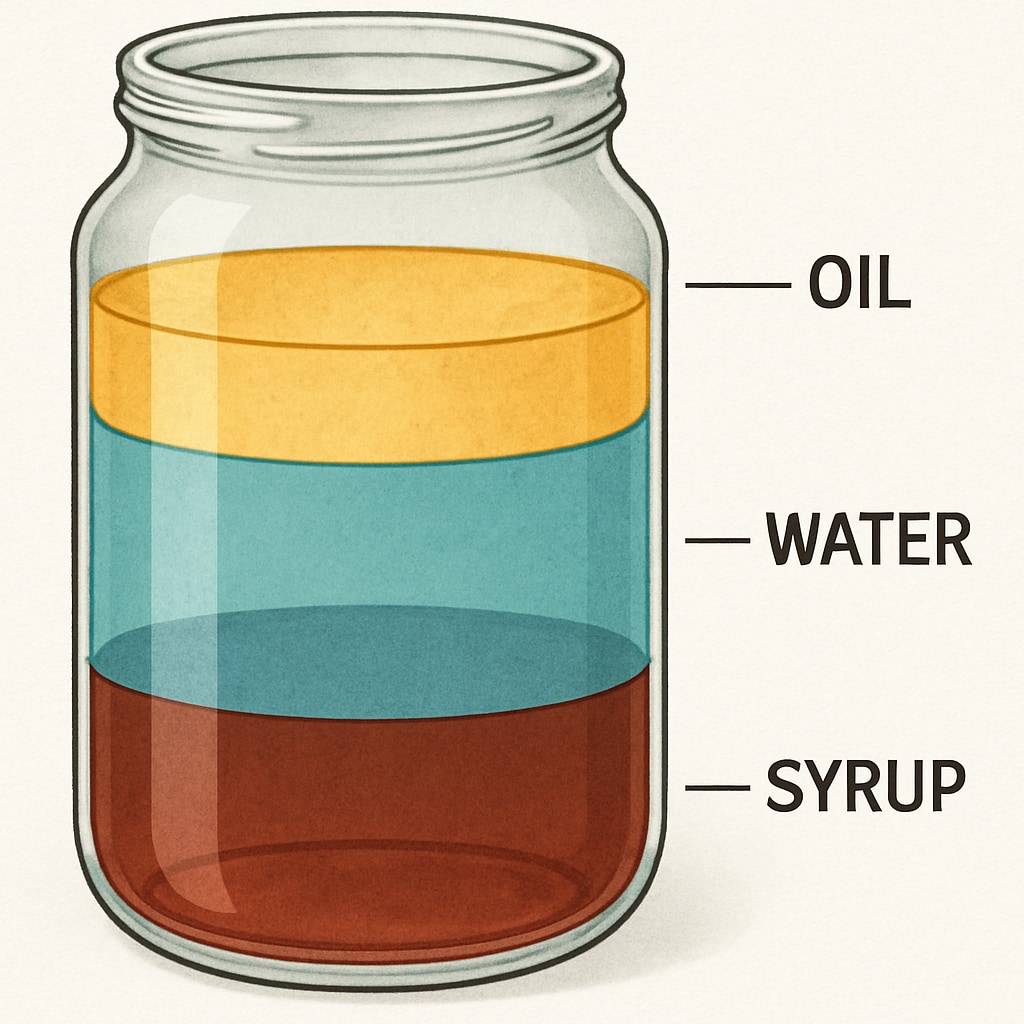 Density tower home science experiment demonstrating liquid layers