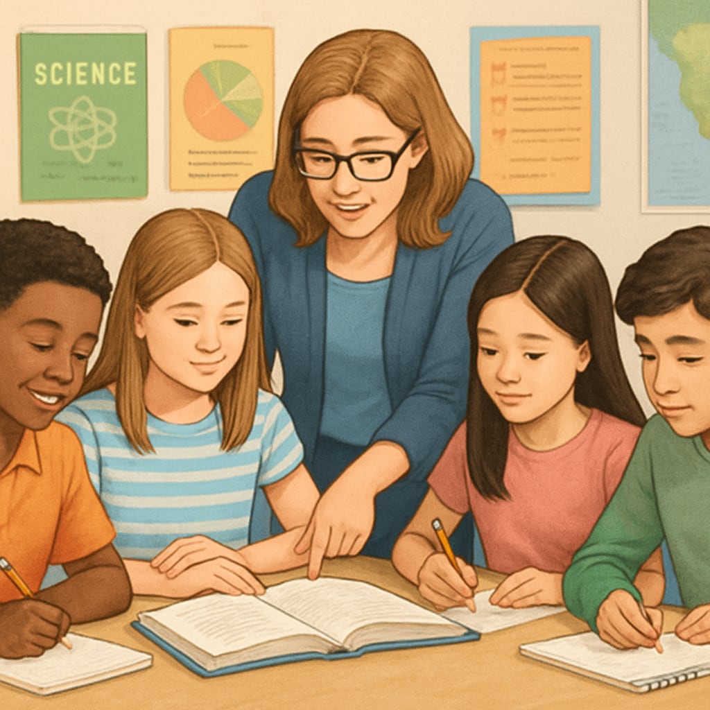 Diverse group of middle school students working together on a project, with teacher providing individual guidance at a table. Classroom features colorful educational posters and organized learning materials. Student-centered learning environment supporting academic completion