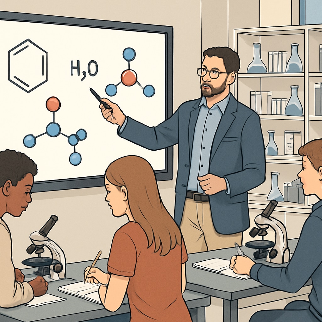 High school science teacher using interactive display to explain molecular structures, engaged students taking notes. Modern STEM lab with equipment visible. Institutional traits for STEM success in secondary education