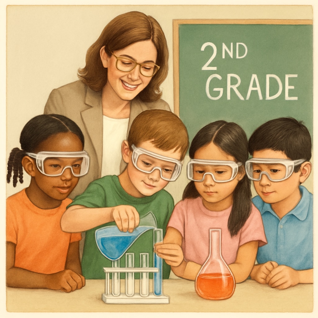 Multi-ethnic group of 2nd graders conducting chemistry experiment with safety goggles under teacher supervision Public elementary school science education demonstration