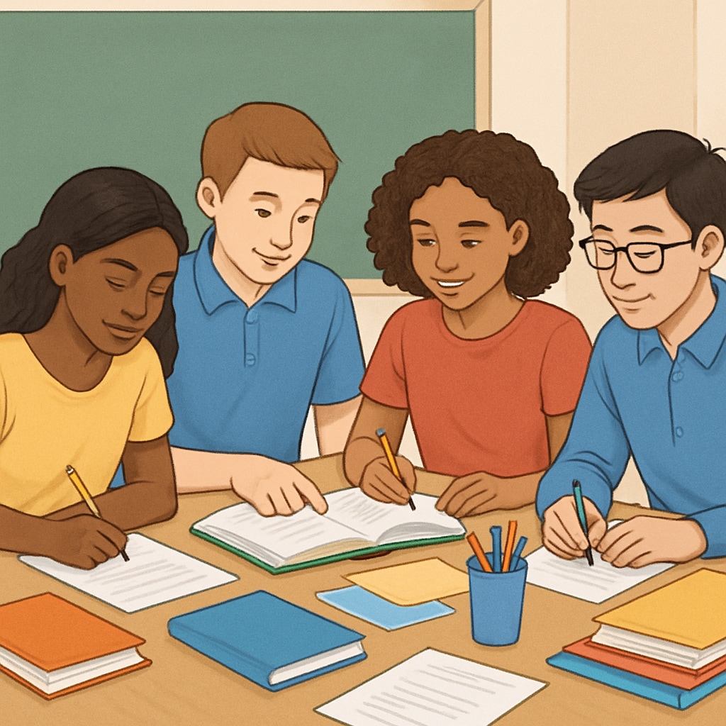 Diverse students working together at classroom table with colorful learning materials Elementary school collaborative learning environment