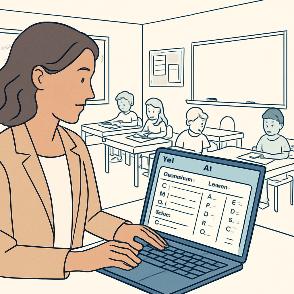 A modern classroom with a teacher using a laptop showing AI software interface that processes attendance, grading, and other administrative tasks automatically AI reducing teacher administrative workload in education