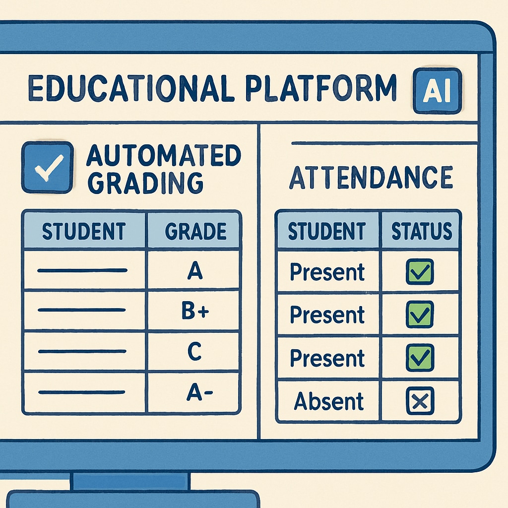 Close-up of an AI-powered educational platform interface displaying automated grading and attendance tracking features AI education technology for teacher efficiency