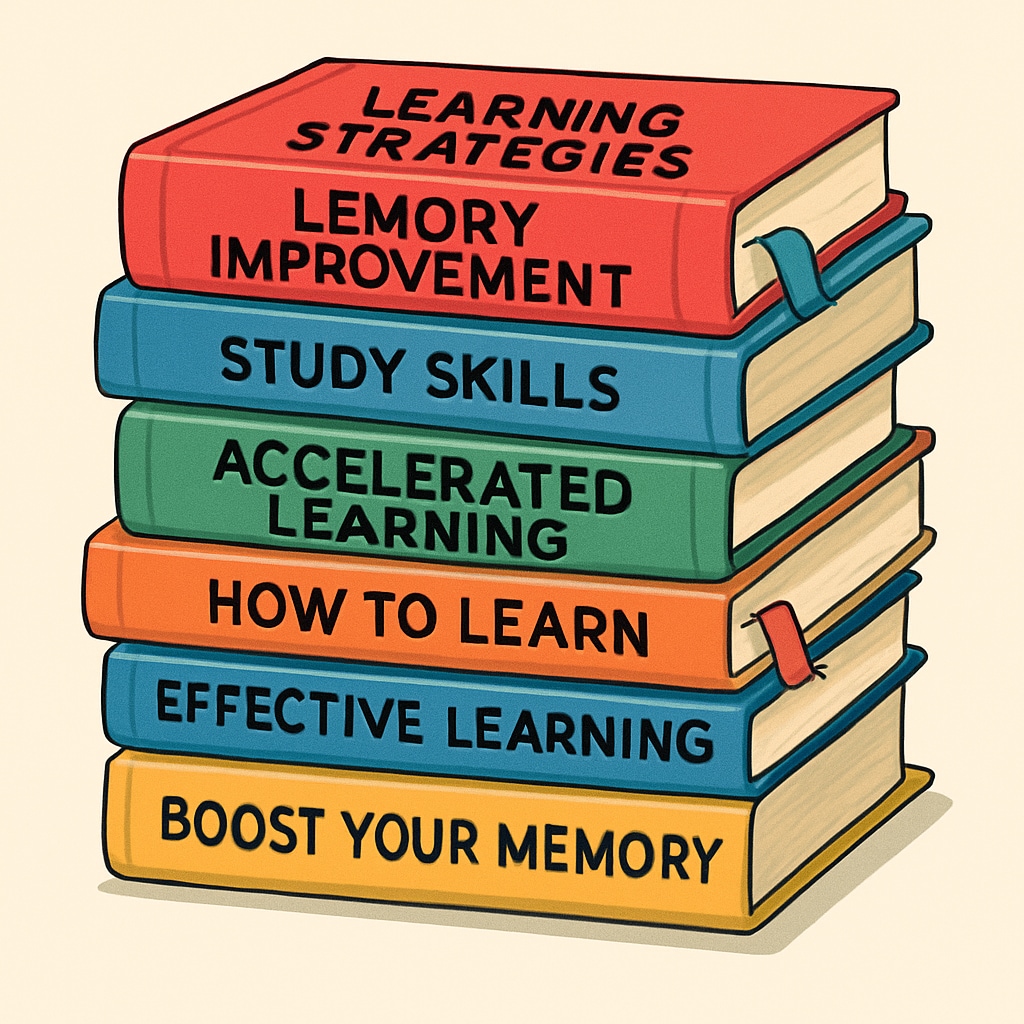 A stack of 7 educational books with colorful bookmarks sticking out, showing titles about learning strategies and memory improvement Books about learning methods and memory techniques