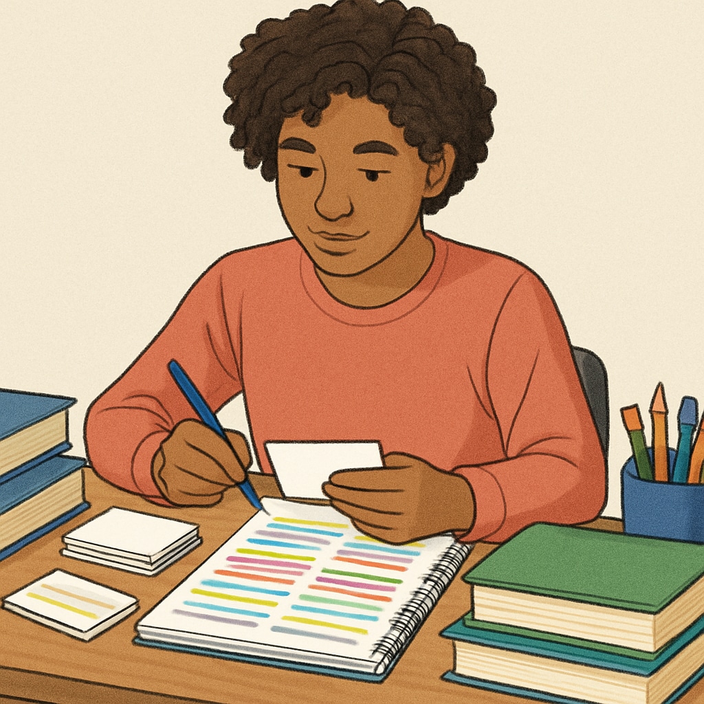 A diverse teenager using active recall techniques with flashcards and color-coded notes at a desk Student applying memory techniques during study session