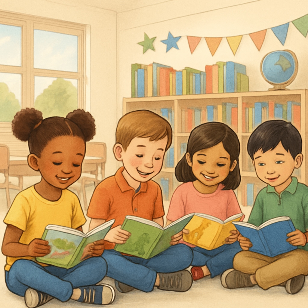 Elementary students of diverse backgrounds reading picture books together in a bright classroom setting Whole language reading instruction in a multicultural classroom