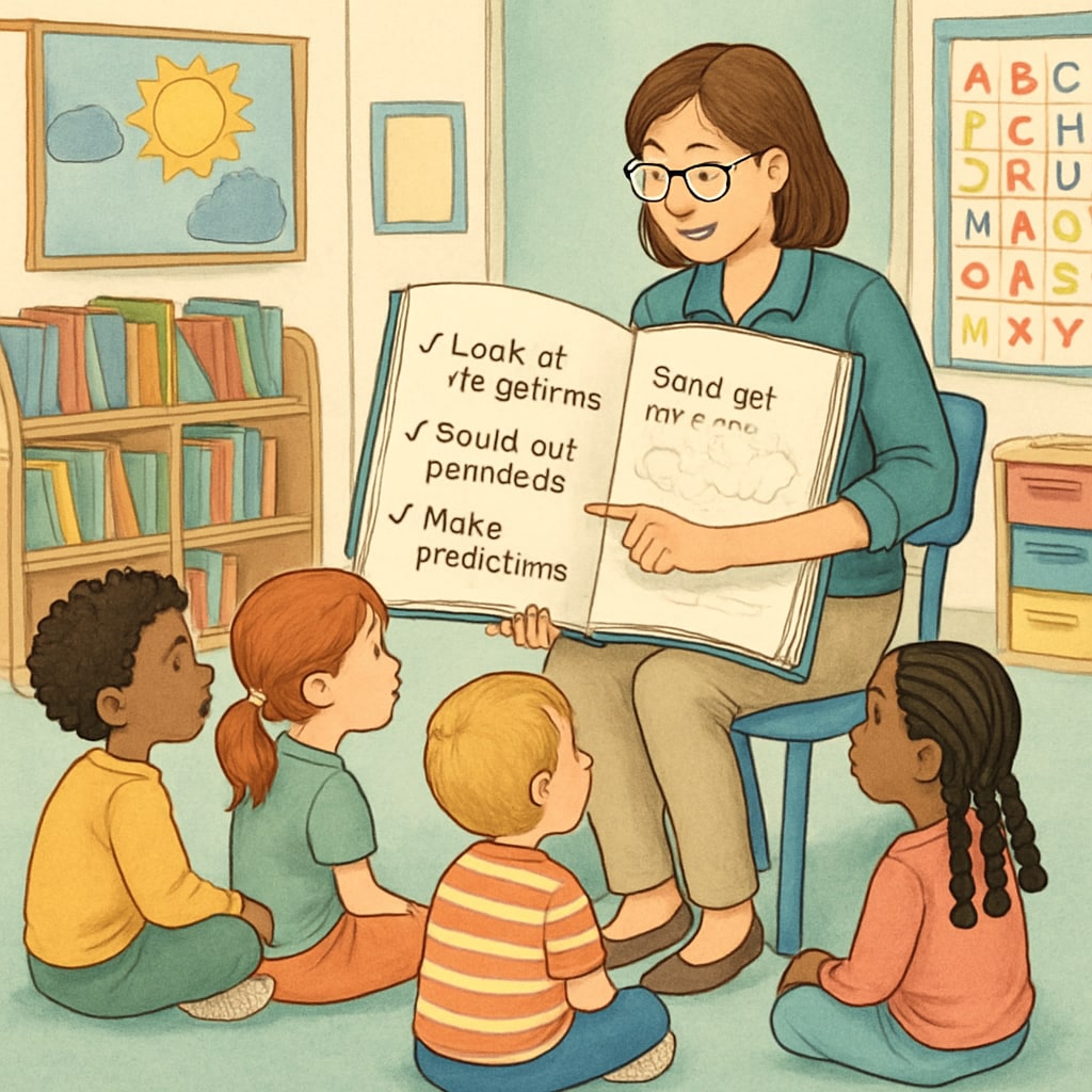 A teacher using an oversized book to demonstrate reading strategies to a circle of attentive kindergarten students Educator implementing whole language techniques with young children