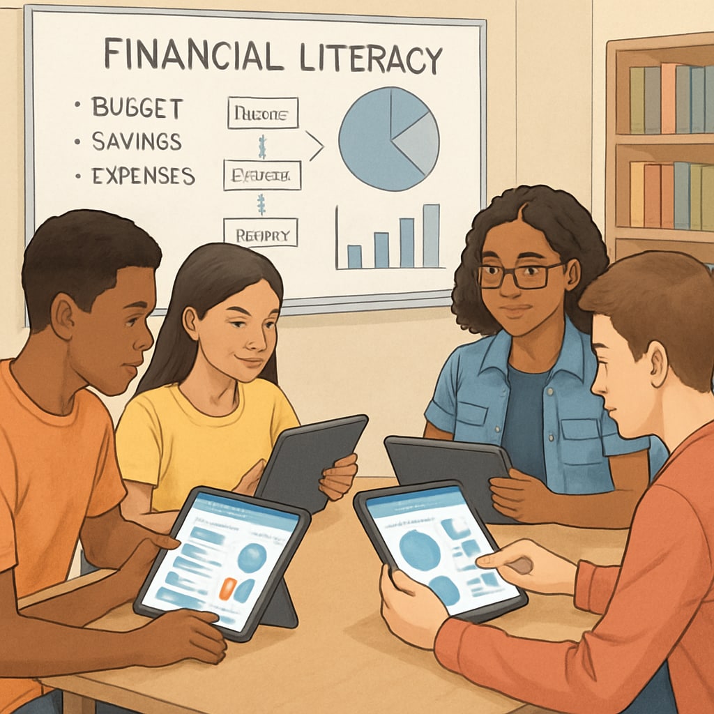 Diverse group of high school students engaged in financial literacy workshop, using tablets to simulate real-world budgeting scenarios Financial management education in school core curriculum