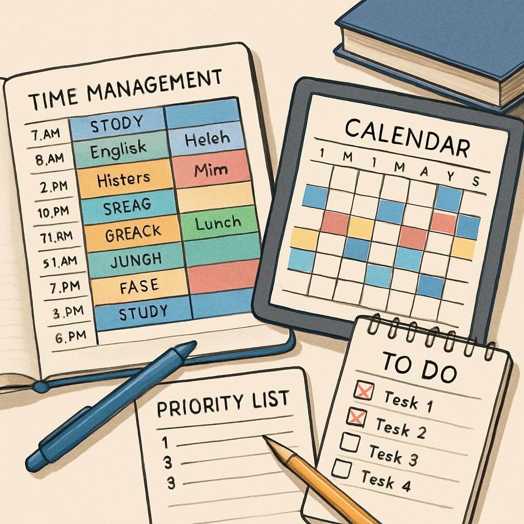 Close-up of organized study materials showing color-coded time management system with digital calendar and priority lists Time management skills in school education