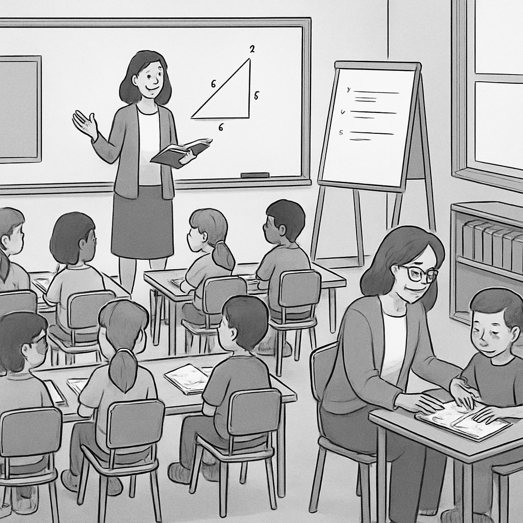 A classroom scene showing differentiated instruction, with one teacher leading the main group while a support staff member assists a student in a quiet corner. Behavior intervention specialist supporting disruptive student