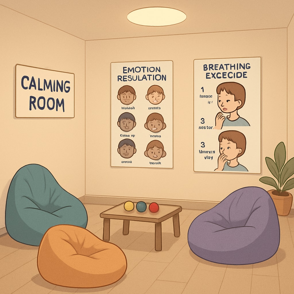A dedicated calming room with soft lighting, bean bags, and emotion regulation tools like stress balls and breathing exercise posters. Educational resources for behavioral support