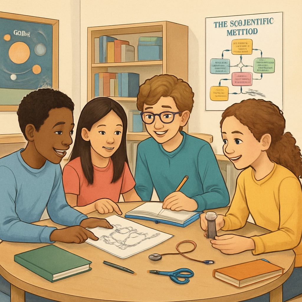 Diverse group of middle school students working together at a round table, exchanging ideas and materials for a science project K12 education fostering teamwork and diverse perspectives
