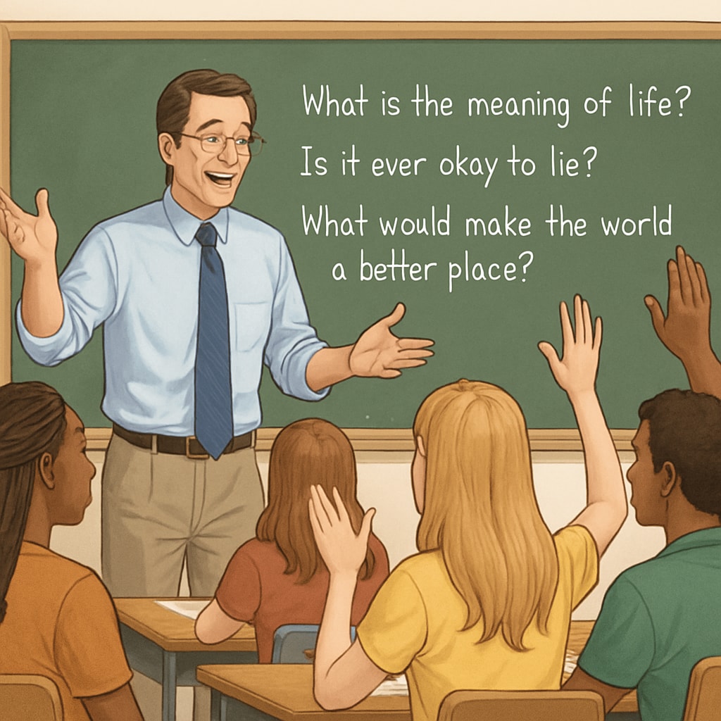 Engaged high school teacher facilitating class discussion with raised hands visible, chalkboard with thought-provoking questions in background Critical thinking development in classroom education