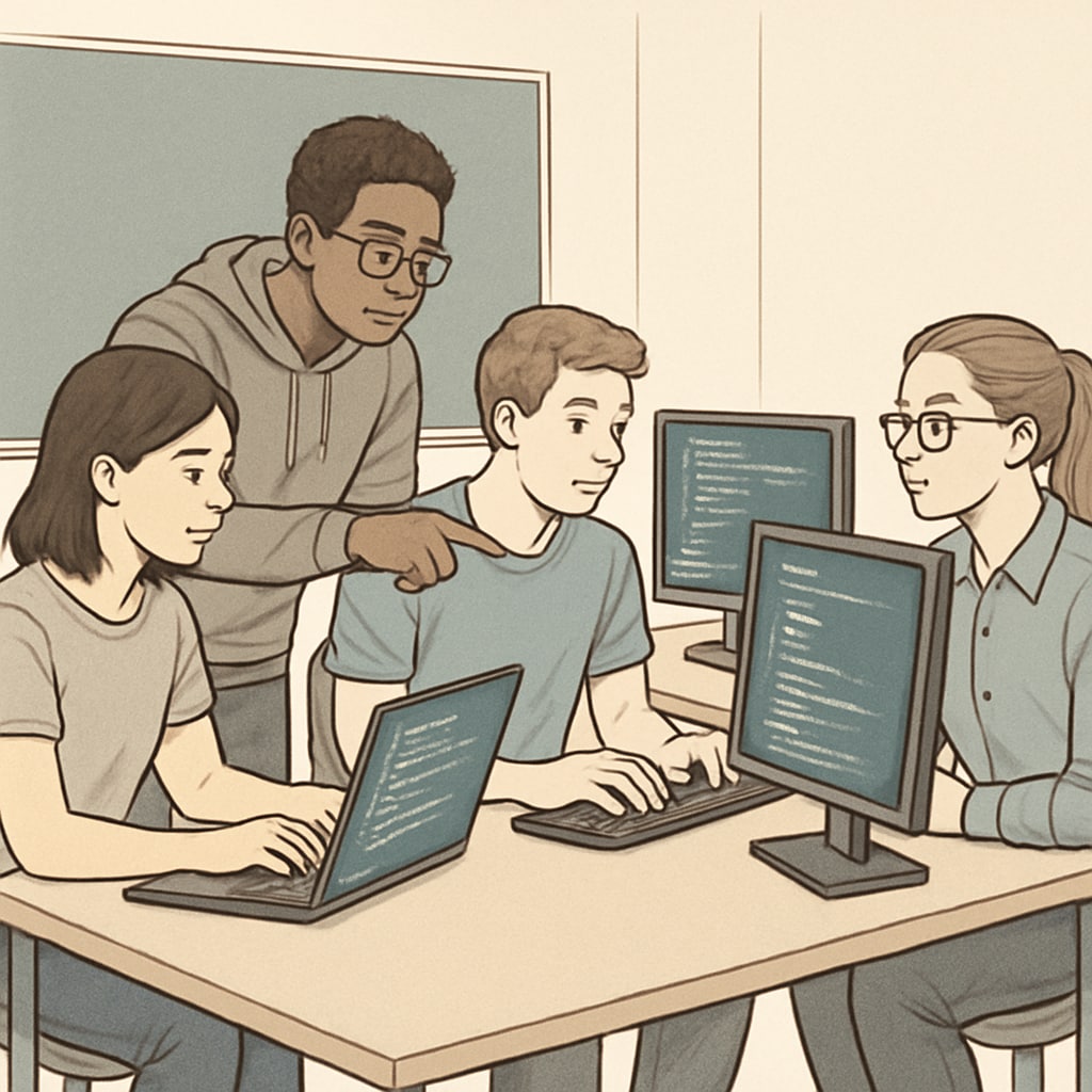 Computer science students collaborating on coding project