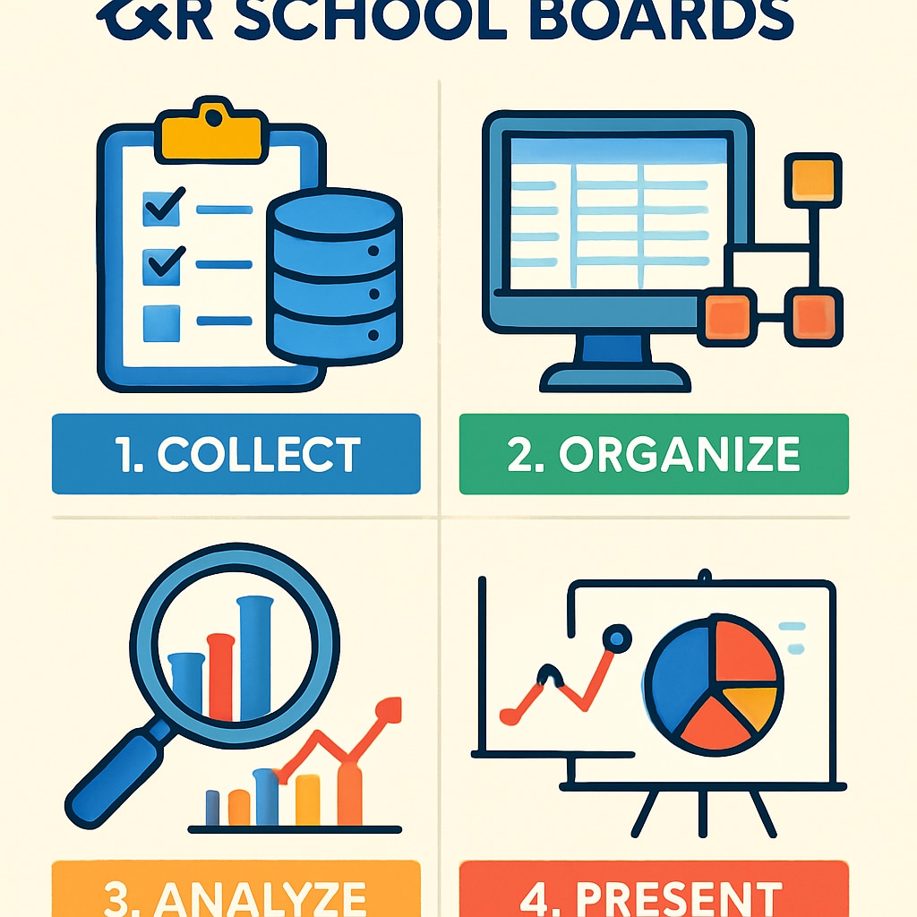 Colorful infographic illustrating data analysis steps for school boards Data-driven decision-making process for school board effectiveness