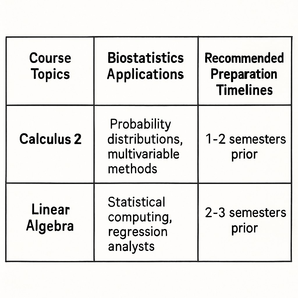 A comparison table with three columns showing course topics, biostatistics applications, and recommended preparation timelines for Calculus 2 vs Linear Algebra. Calculus vs Linear Algebra comparison for biostatistics math courses