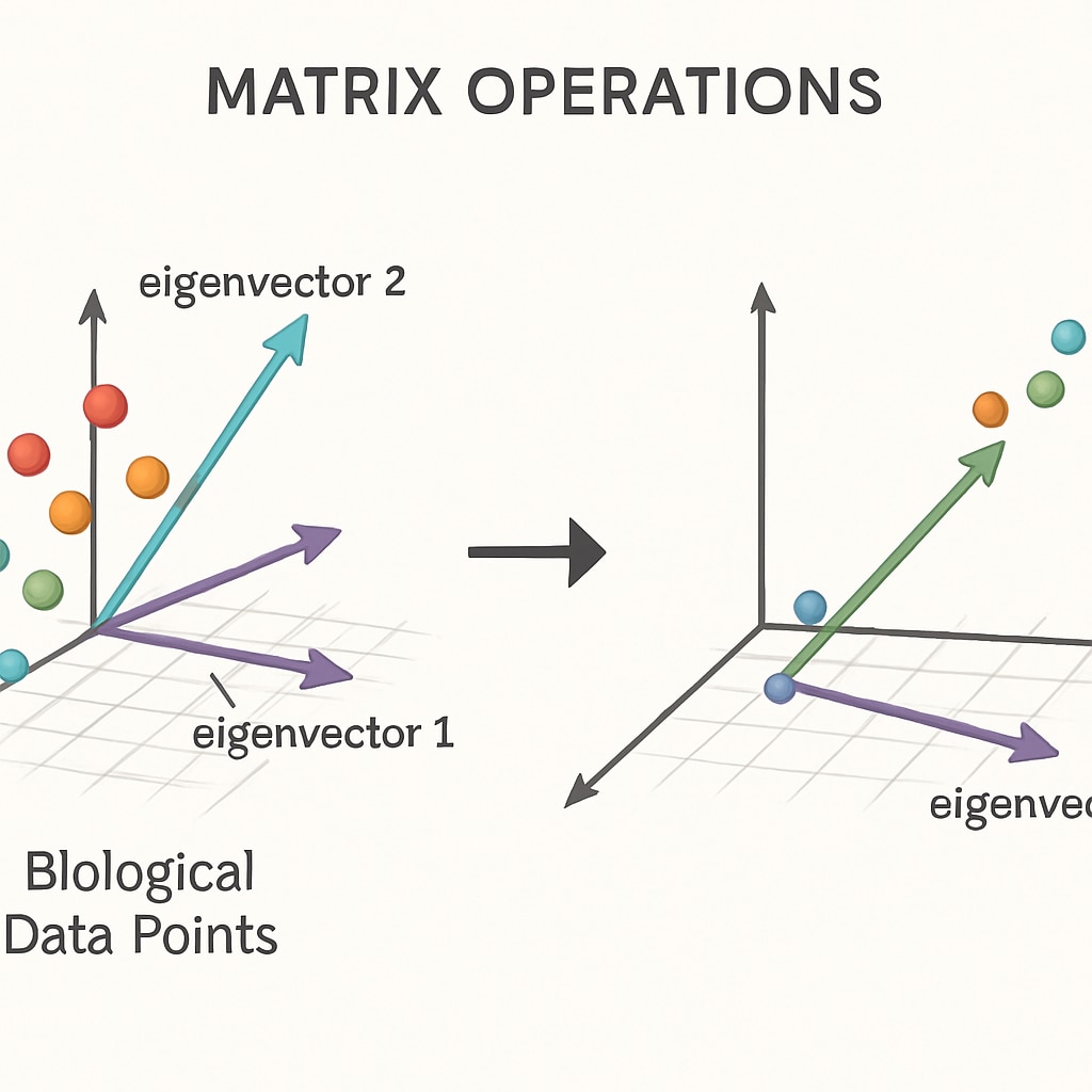 3D visualization of matrix operations transforming biological data points with color-coded eigenvectors. Linear algebra applications in biostatistics mathematics