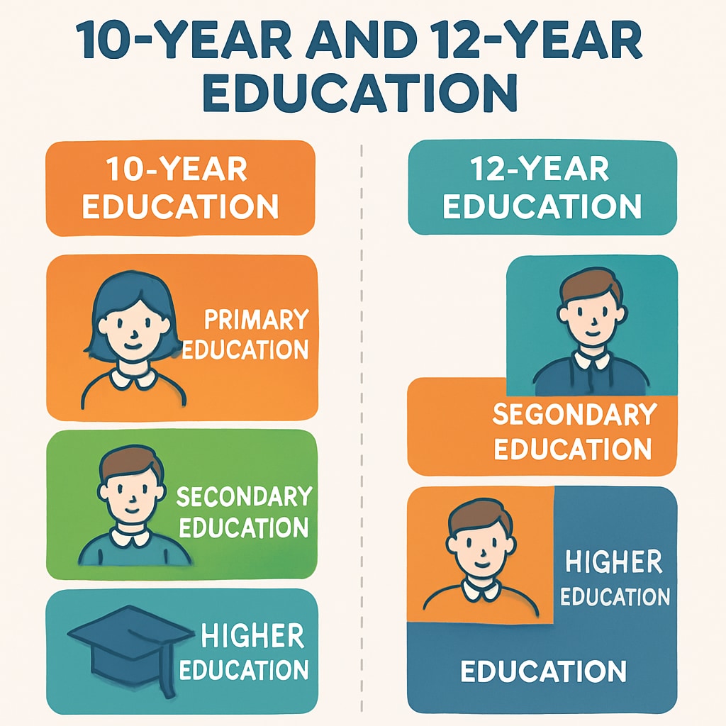 Color-coded infographic comparing 10-year and 12-year education structures with icons representing primary, secondary, and higher education phases Education system differences infographic showing admission barriers