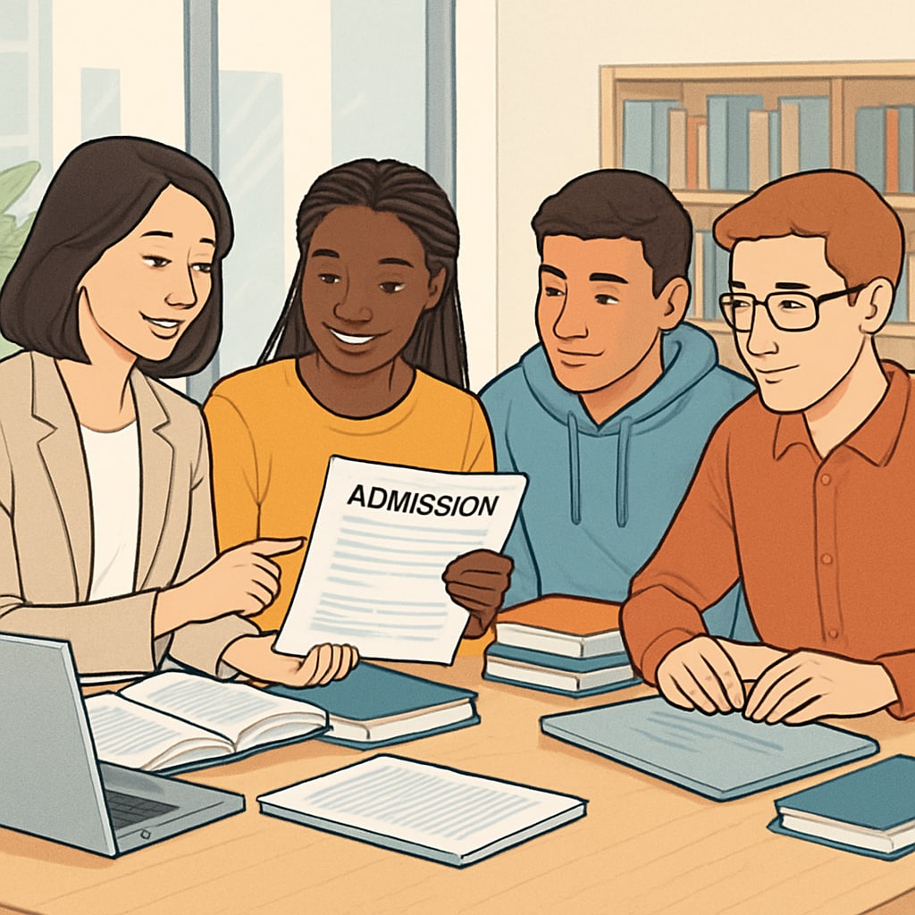 Diverse group of international students reviewing admission documents with university advisor in modern campus environment Solutions for education system differences in visa applications