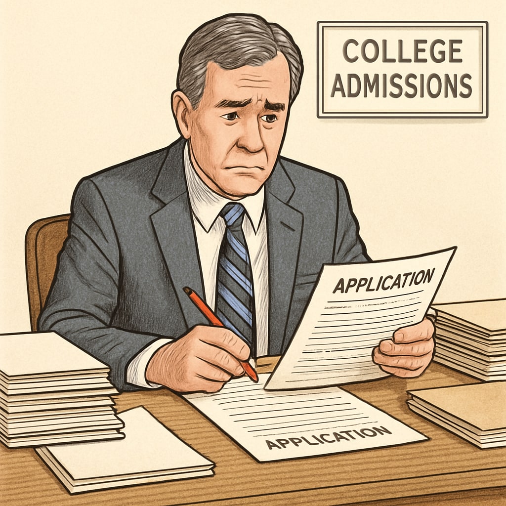 A middle-aged college admissions officer in a suit reviewing student applications at a wooden desk, looking concerned while holding a red pen. Consequences of lying in college applications