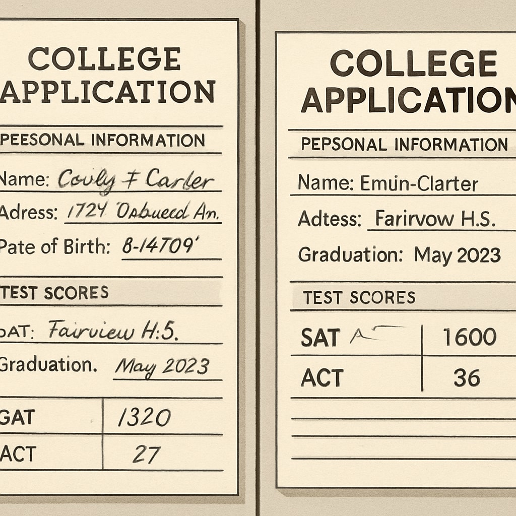 Split-screen image showing an authentic college application with handwritten notes versus a falsified one with suspiciously perfect test scores. Comparing honest and dishonest college applications