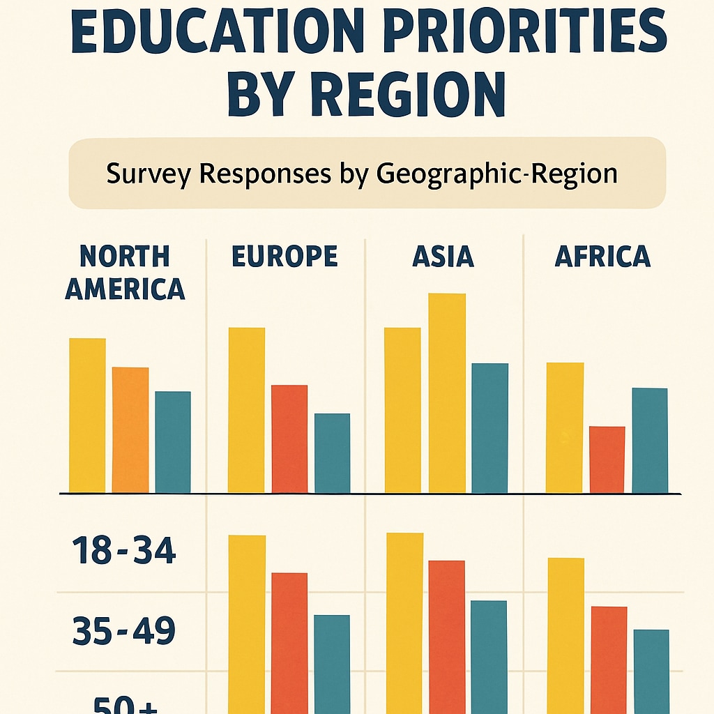 Infographic comparing survey responses across geographic regions, with color-coded bars showing education priorities by age group Media research survey results visualization for K-12 education studies