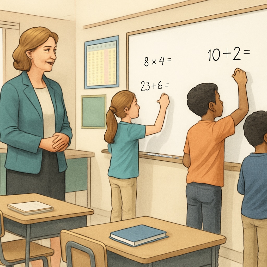 A middle-aged female teacher in a classroom observing diverse students solving math problems on whiteboards Teacher developing research questions through classroom observation