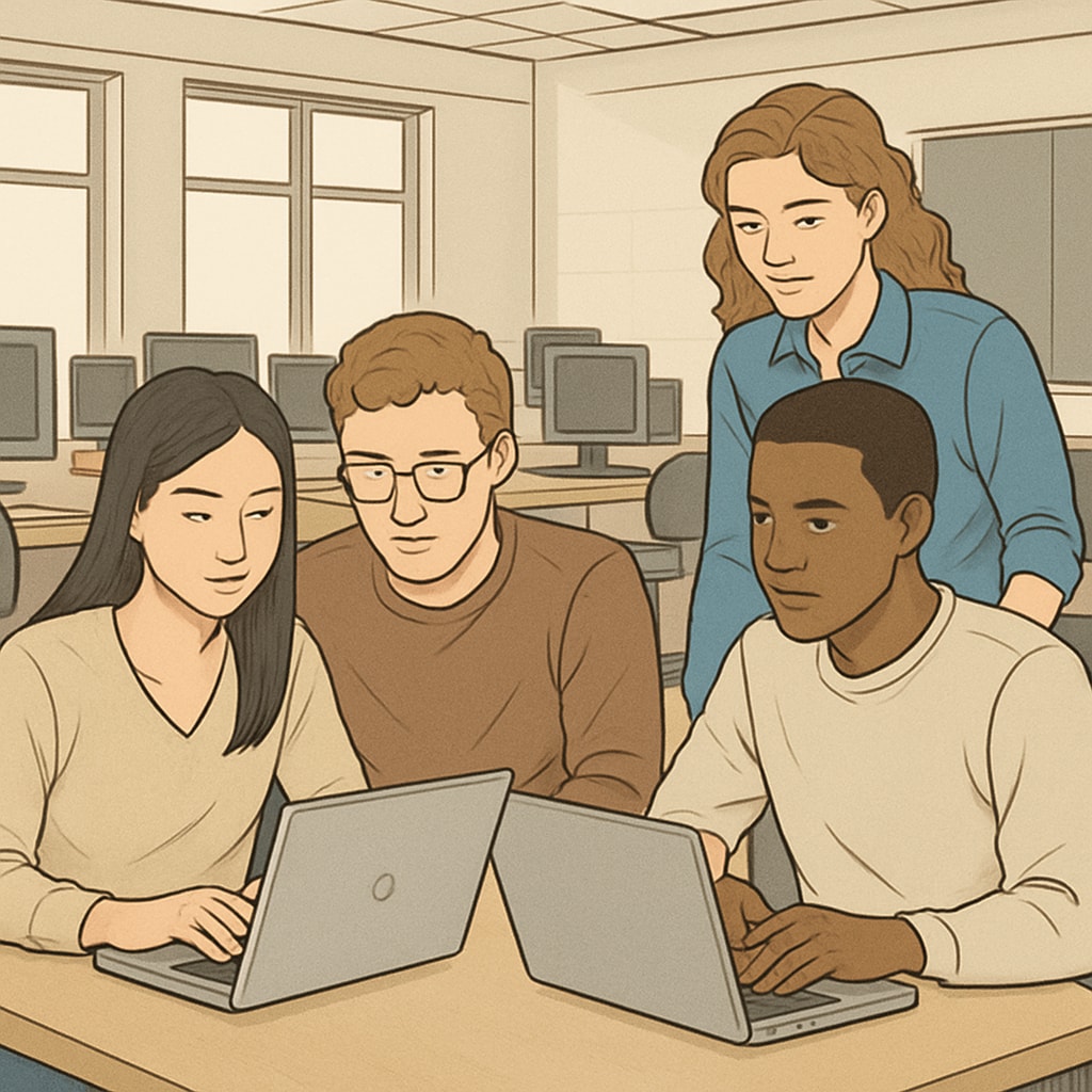 Undergraduate students collaborating on AI course projects