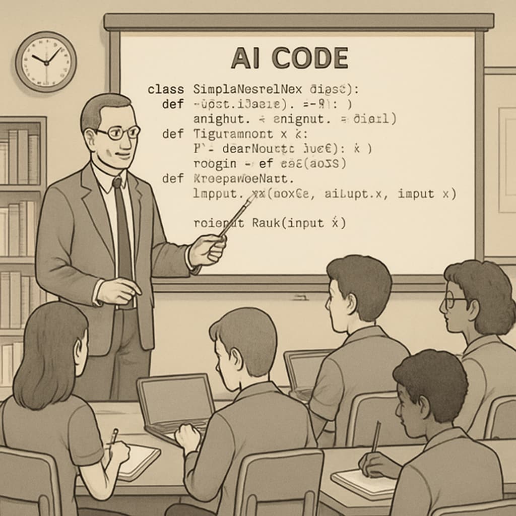 Instructor evaluating student AI projects in classroom setting