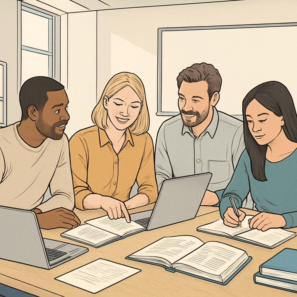 Diverse group of adult students (ages 25-50) collaborating around a table in a modern classroom, with laptops and notebooks visible Adult students overcoming age concerns in school education environment