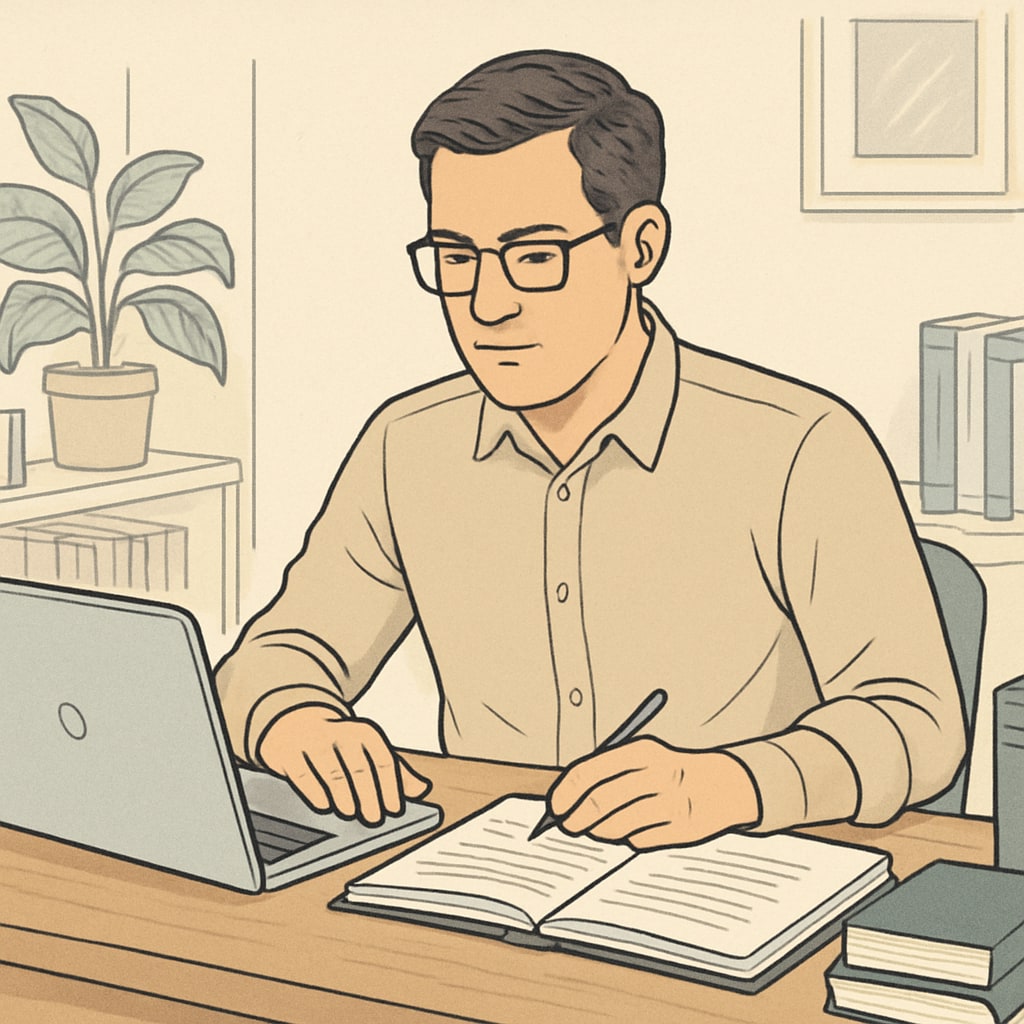 Mid-30s professional studying at home with notebook computer and paper notes, demonstrating self-learning abilities complementing formal education Balancing self-learning with school education requirements