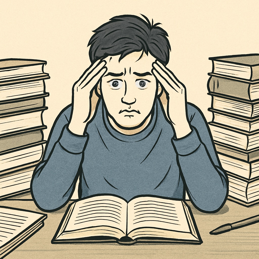 Stressed college student surrounded by textbooks, highlighting academic pressure Student experiencing academic motivation challenges in mismatched major