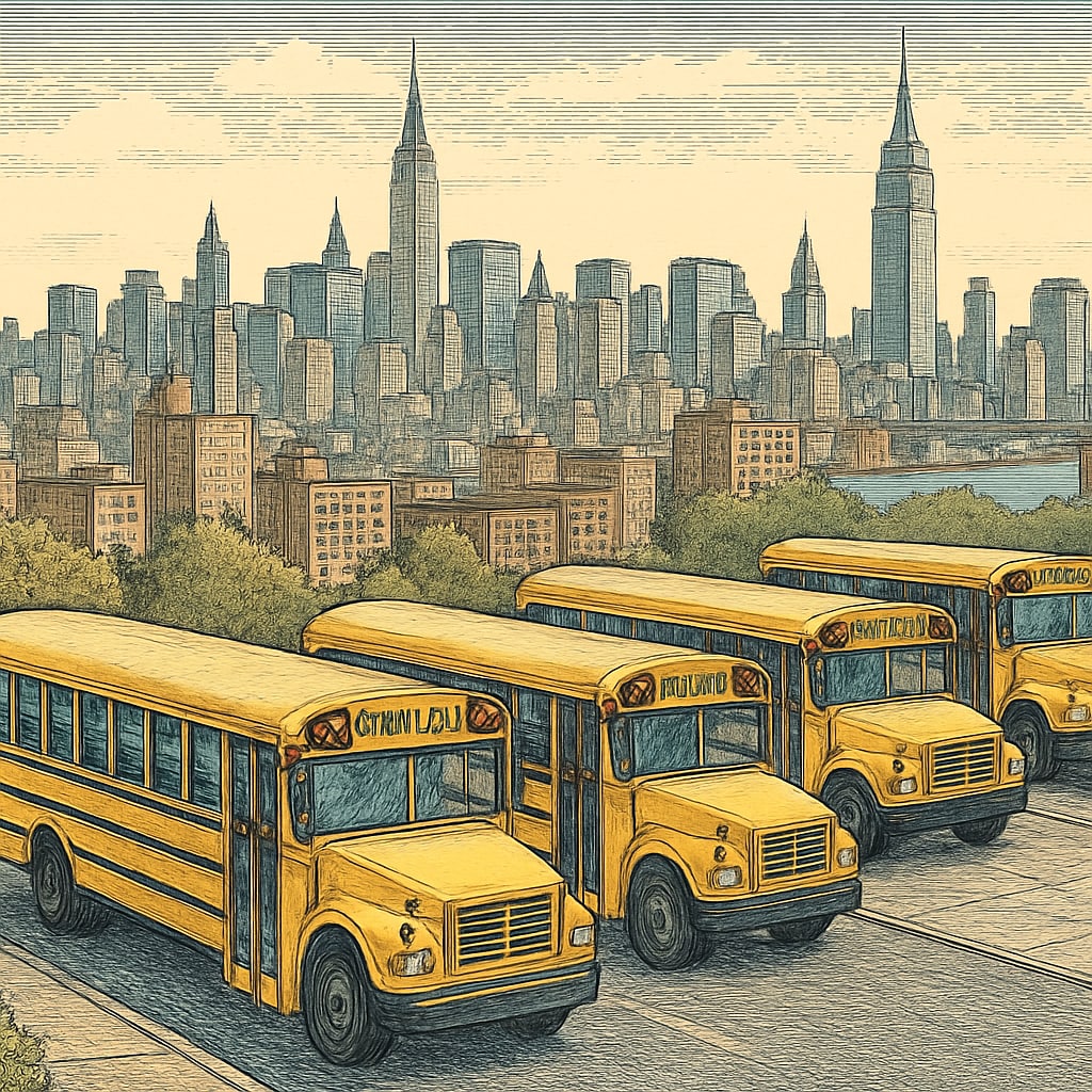 Panoramic view of New York City with yellow school buses prominently featured in foreground, showing urban education infrastructure NYC school system and mayoral election impact visual