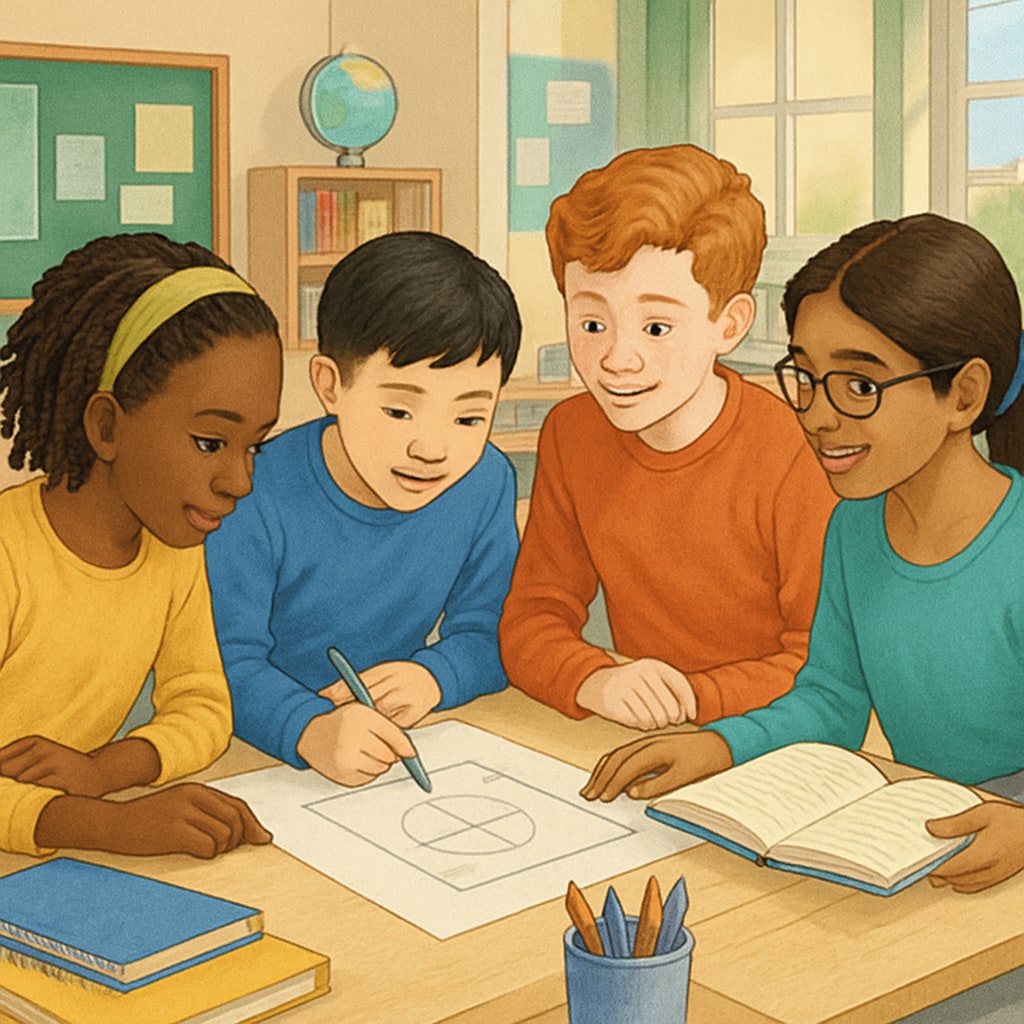 Diverse group of middle school students collaborating on project in bright classroom, representing NYC's student population NYC public school students and election consequences